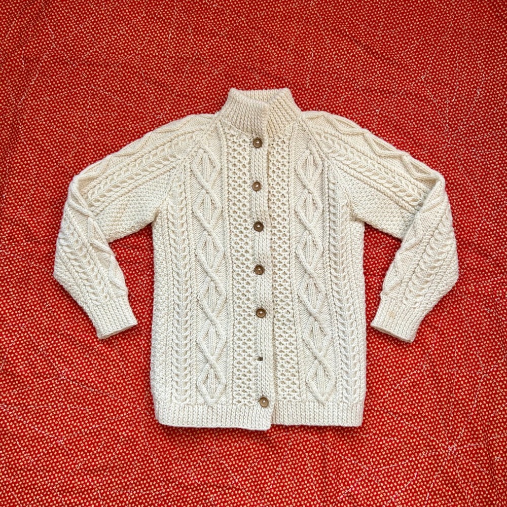 Vintage Hand Knit Wool Cable Knit Cardigan Sweater Cream Ivory Mock Neck